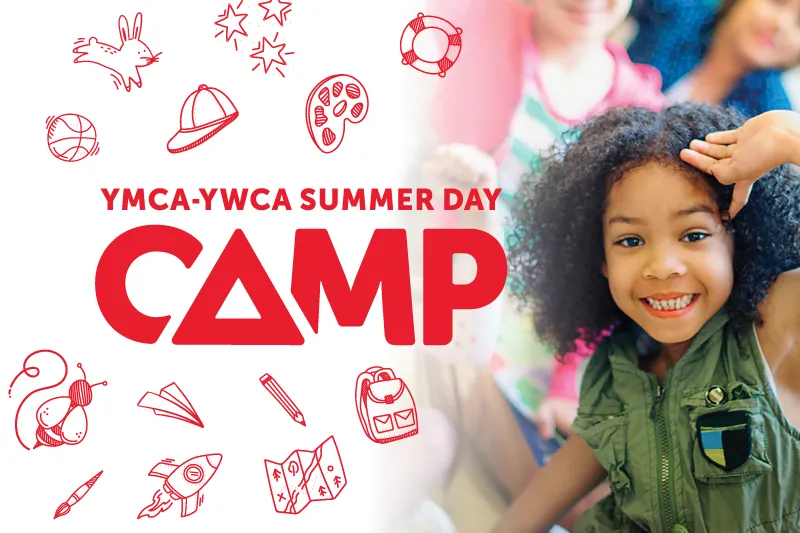Smiling young girl with copy text reading YMCA-YWCA Summer Day Camp