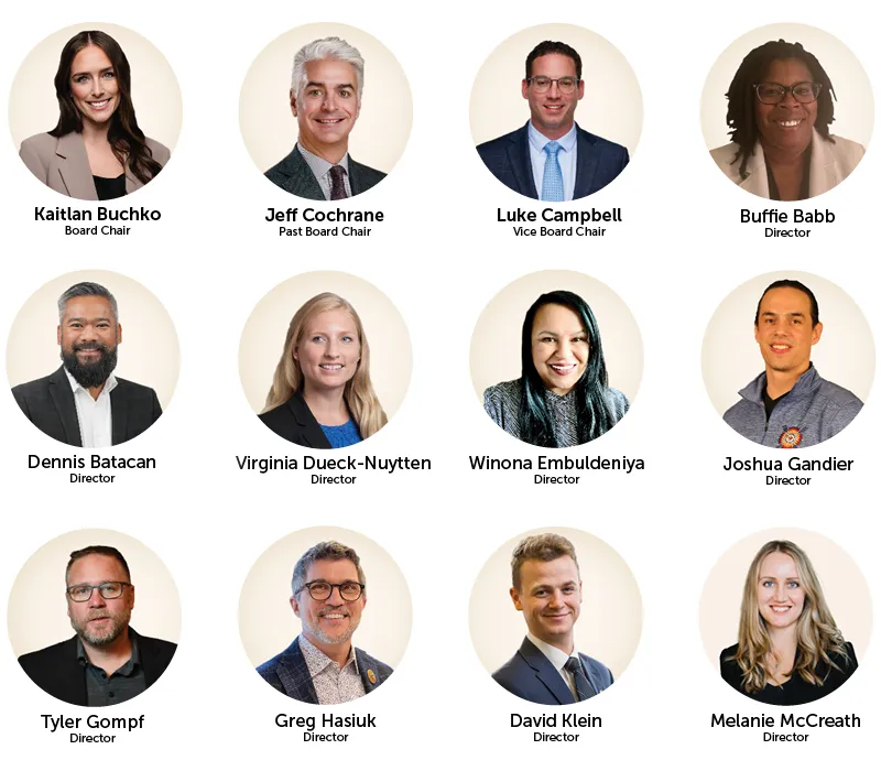 Image of 2025 Board of Directors: Kaitlan Buchko, Jeff Cochrane, Luke Campbell, Buffie Babb, Dennis Batacan, Viginia Dueck-Nuytten, Winona Embuldeniya, Joshua Gandier, Tyler Gomph, Greg Hasiuk, David Klein, Melanie McCreath
