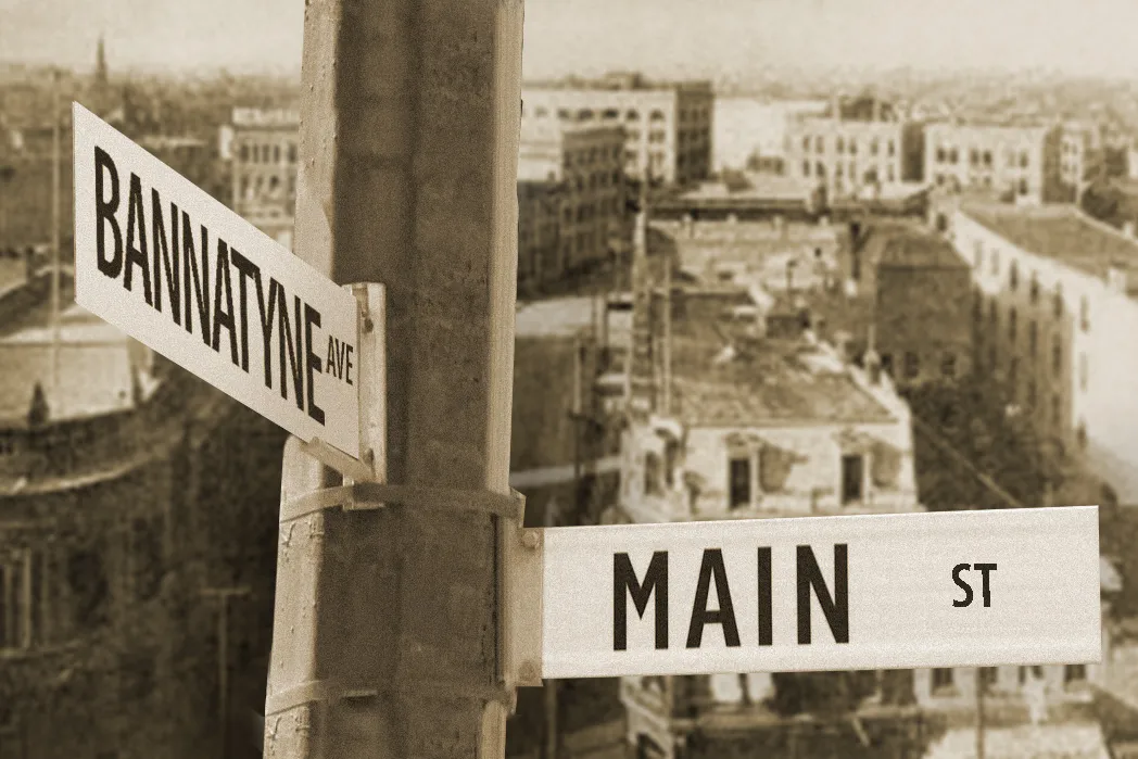 sepia composite image of street signs and the historic Exchange District: Bannatyne Avenue and Main Street